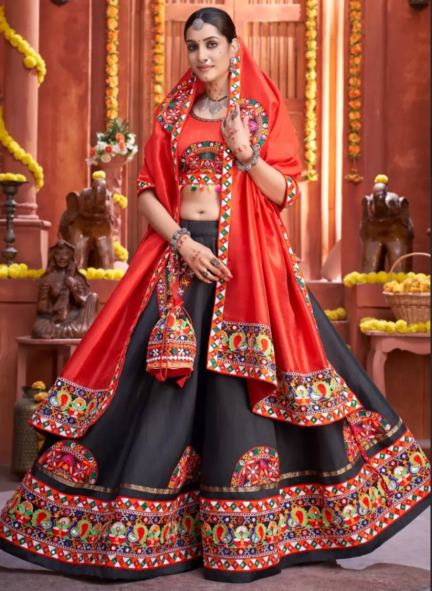 Red Black Navaratri Chaniya Choli Art Silk Fabric SAF120931 - ShreeFashionWear  
