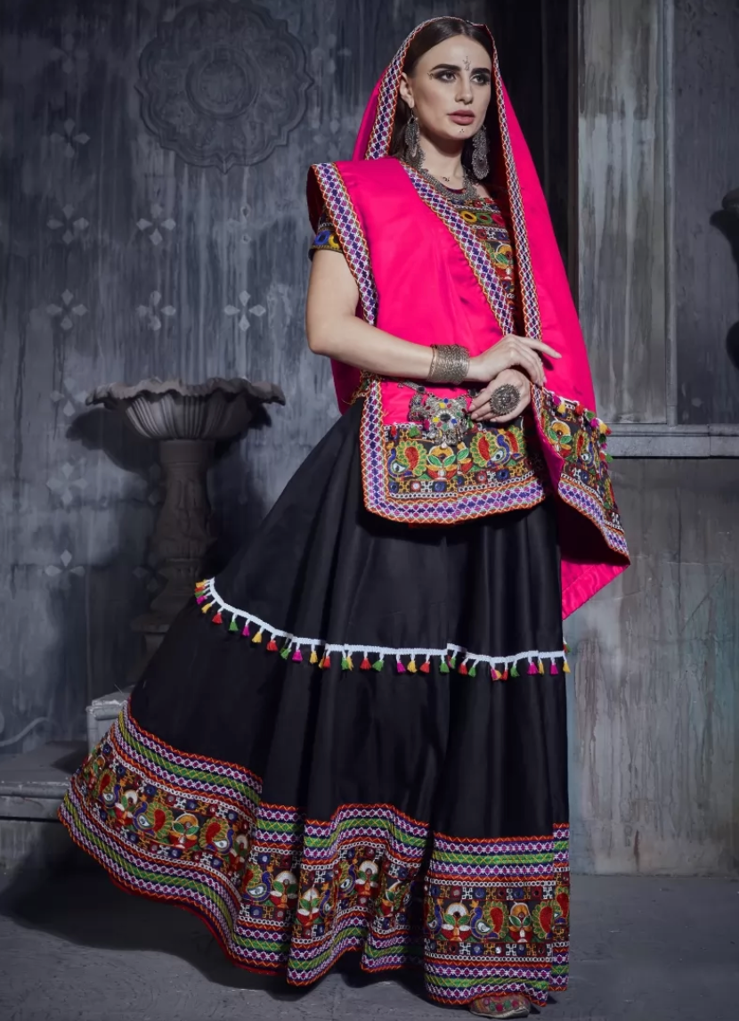 Black Pink Navaratri Chaniya Choli Art Silk Fabric SAF120390 - ShreeFashionWear  