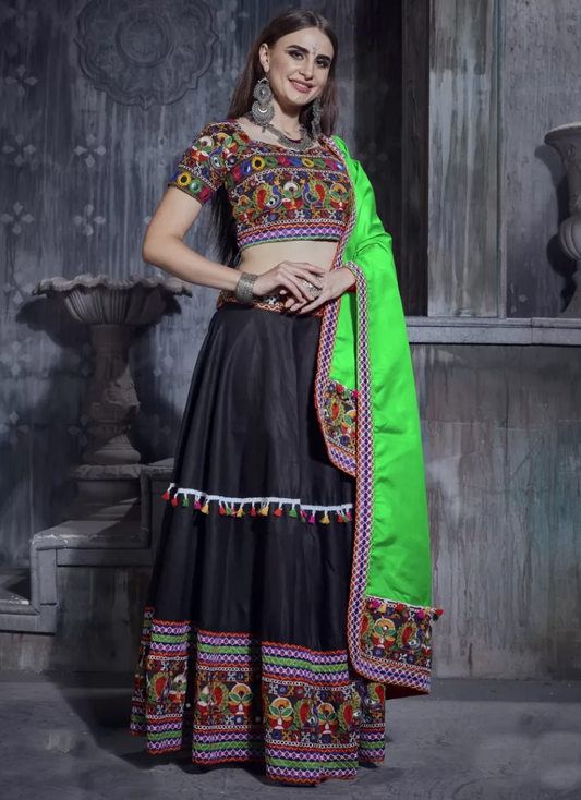 Black Green Navaratri Chaniya Choli Art Silk Fabric SAF120393 - ShreeFashionWear  