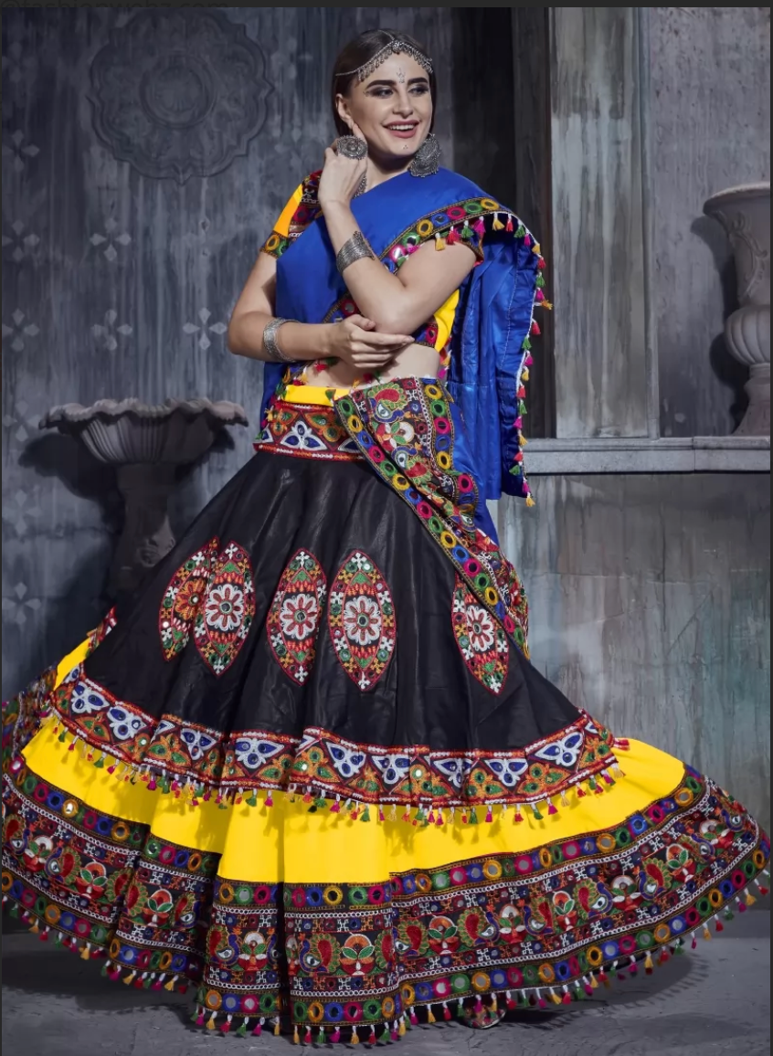 Black Yellow Navaratri Chaniya Choli Art Silk Fabric SAF120395 - ShreeFashionWear  