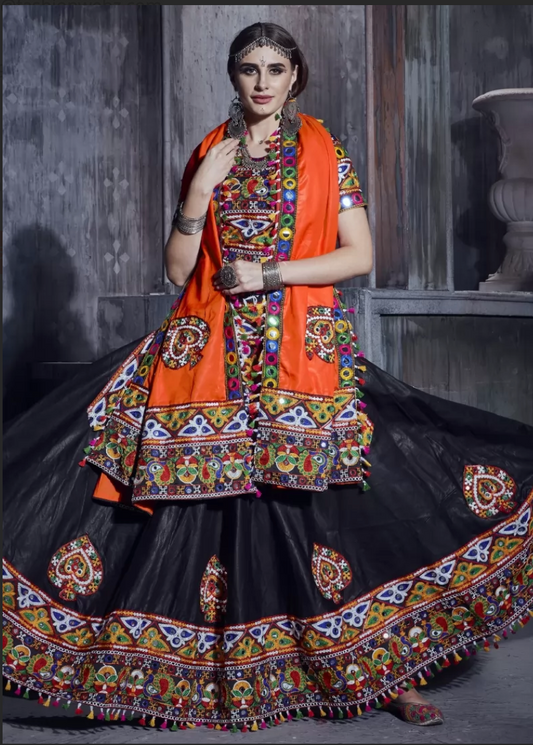 Black Orange Navaratri Chaniya Choli Art Silk Fabric SAF120397 - ShreeFashionWear  