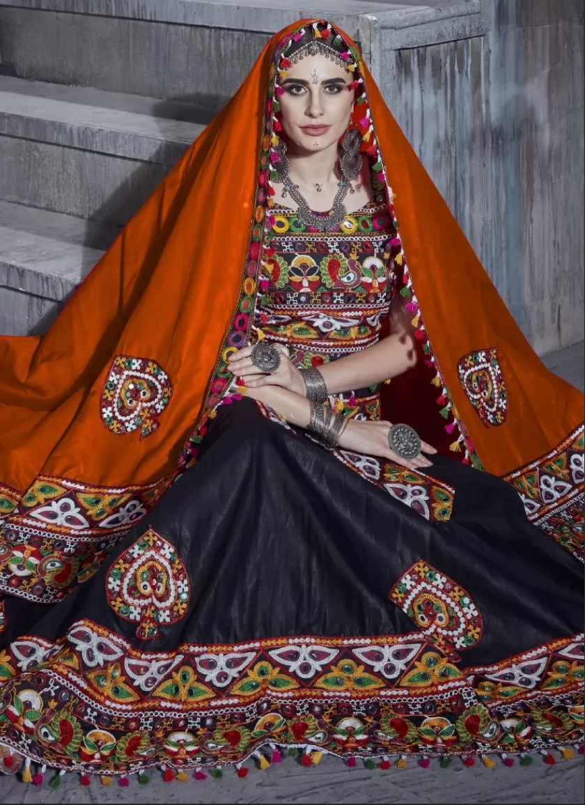 Black And Orange Silk Mirror Work Navratri Lehenga Choli - VJV Now - India