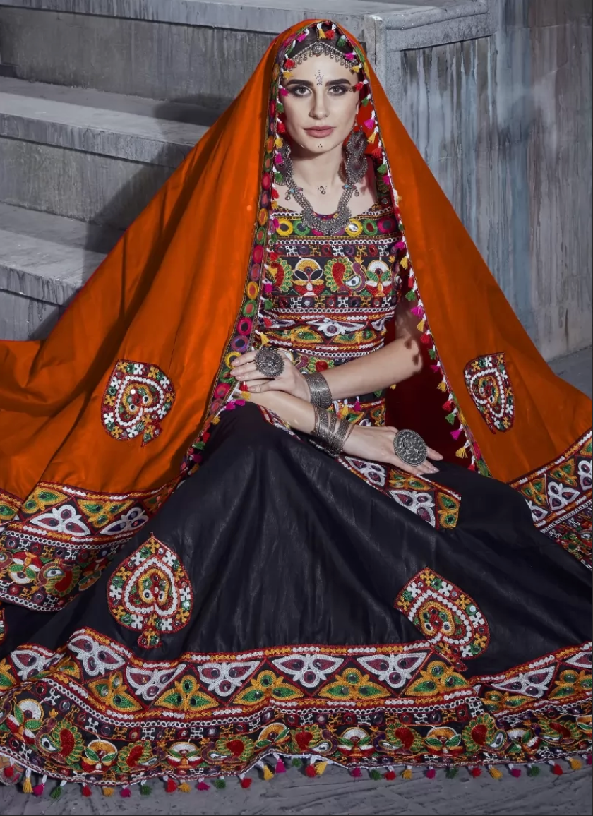 Black Orange Navaratri Chaniya Choli Art Silk Fabric SAF120397 - ShreeFashionWear  