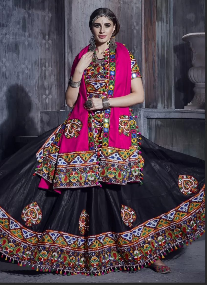 Black Pink Navaratri Chaniya Choli Art Silk Fabric SAF120399 - ShreeFashionWear  