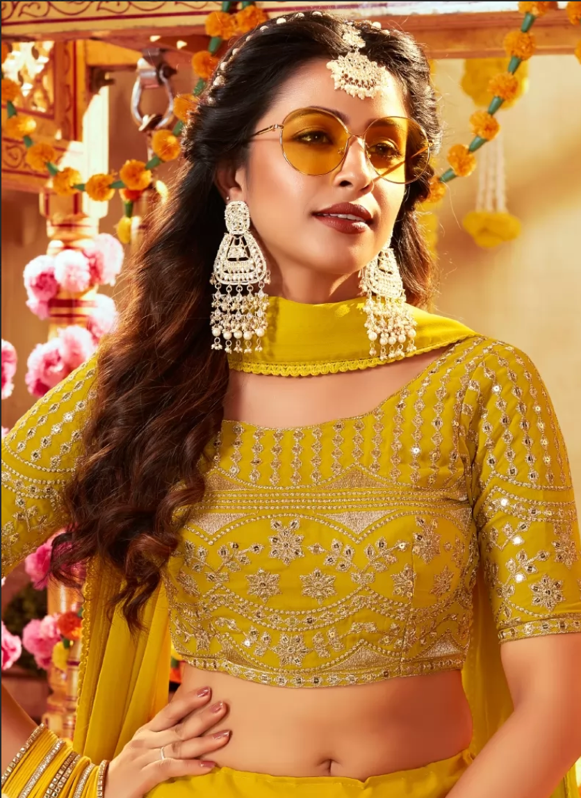 Engaging Yellow Color Art Silk Fabric Designer Bridal Lehenga With  Embroidered Work