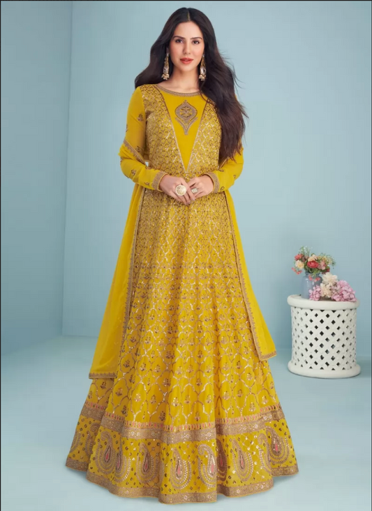 Yellow Bollywood Designer Sangeet Haldi Anarkali Suit SRF122154