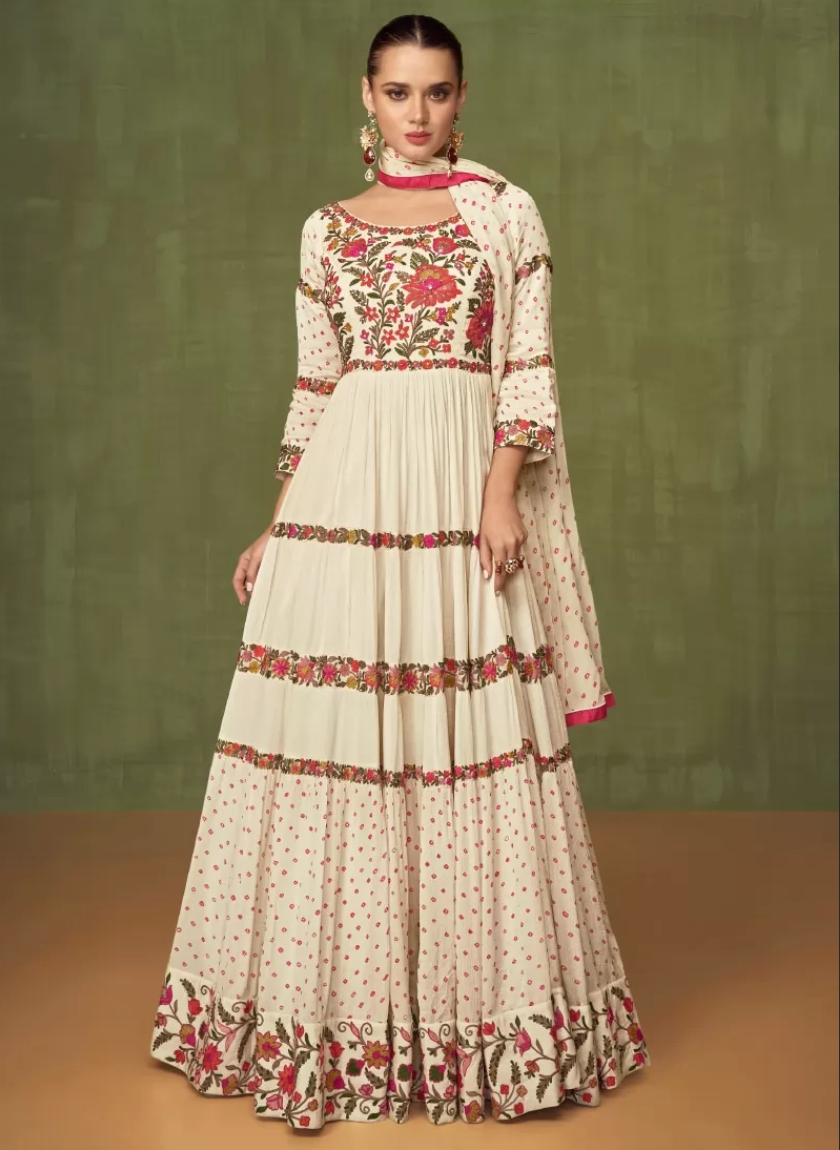White Bollywood Designer Sangeet Haldi Anarkali Suit SRF121639