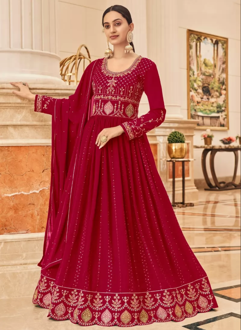 Red Bollywood Designer Sangeet Anarkali Suit SRF121318