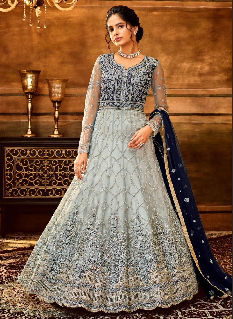 Grey Indian Bridal Anarkali Wedding Gown In Net SFZ127851