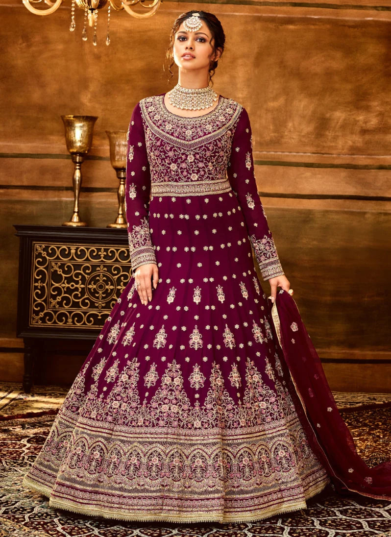 Maroon Indian Bridal Anarkali Wedding Gown In Net SFZ127850