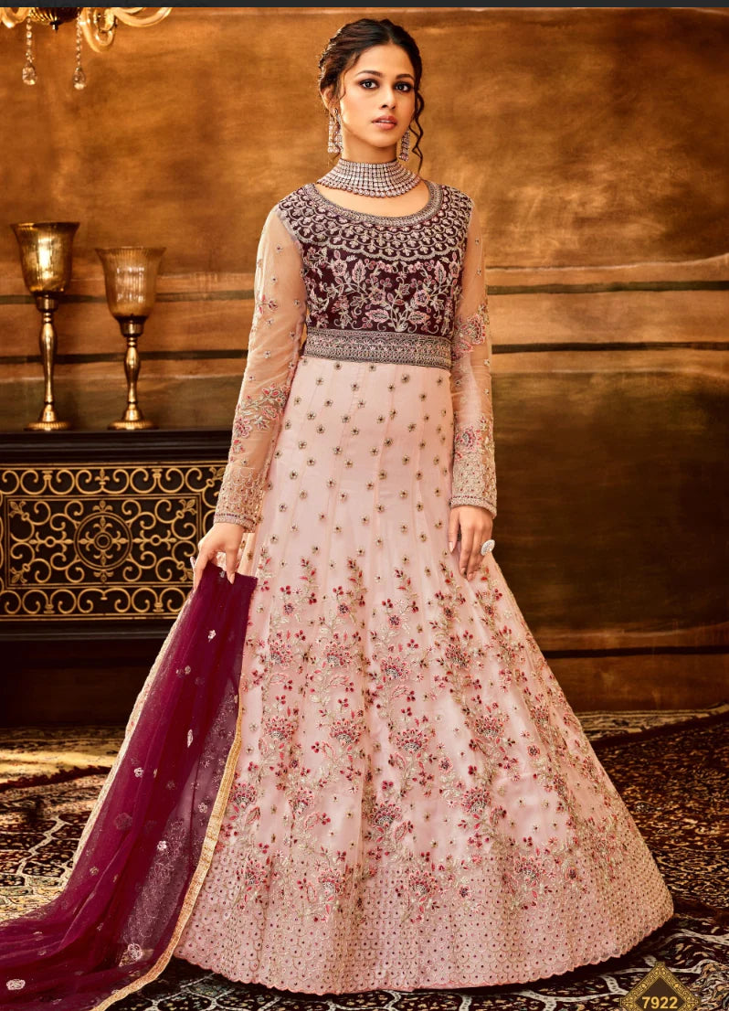 Peach Indian Bridal Anarkali Wedding Gown In Net SFZ127848