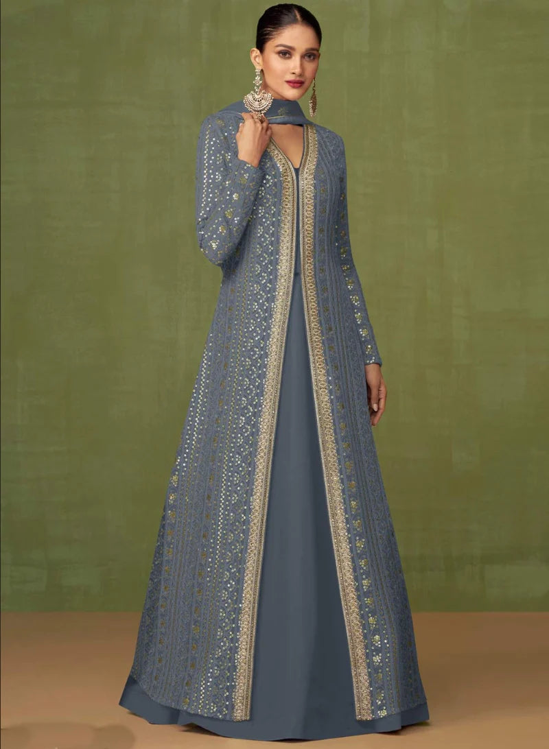 Grey Sangeet Anarkali Wedding Gown In Georgette SFZ127506