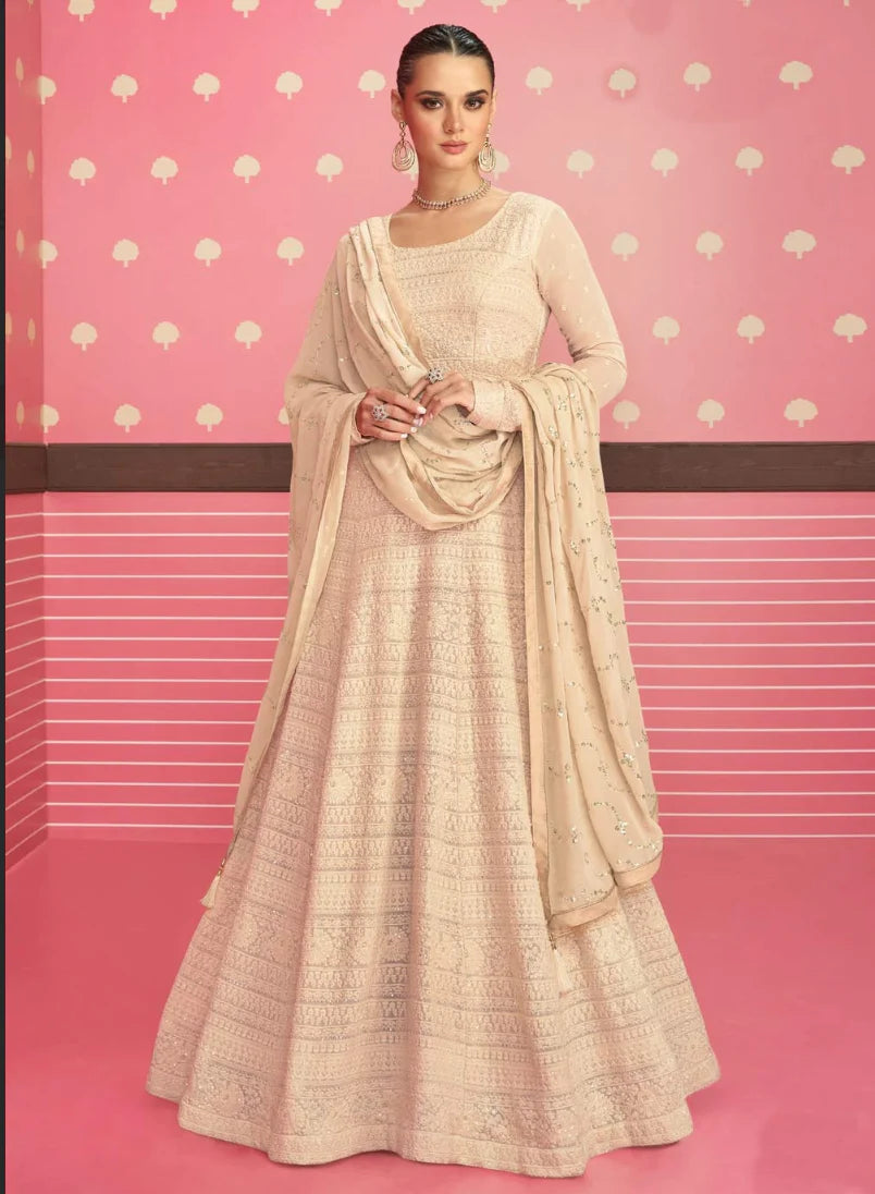 Ivory Indian Reception Anarkali Wedding Gown In Georgette SFZ127511