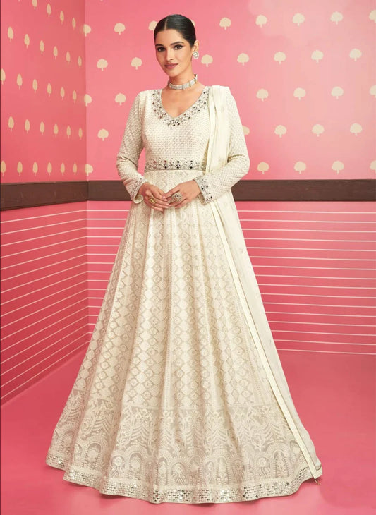 White Indian Reception Anarkali Wedding Gown In Georgette SFZ127510