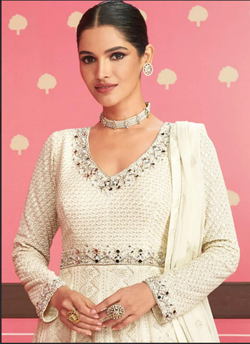 White Indian Reception Anarkali Wedding Gown In Georgette SFZ127510