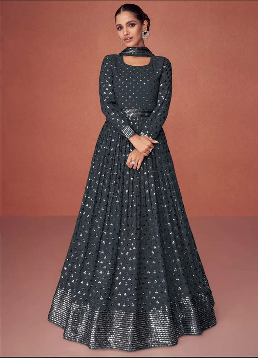Slate Grey Reception Anarkali Wedding Gown In Georgette SFZ126943