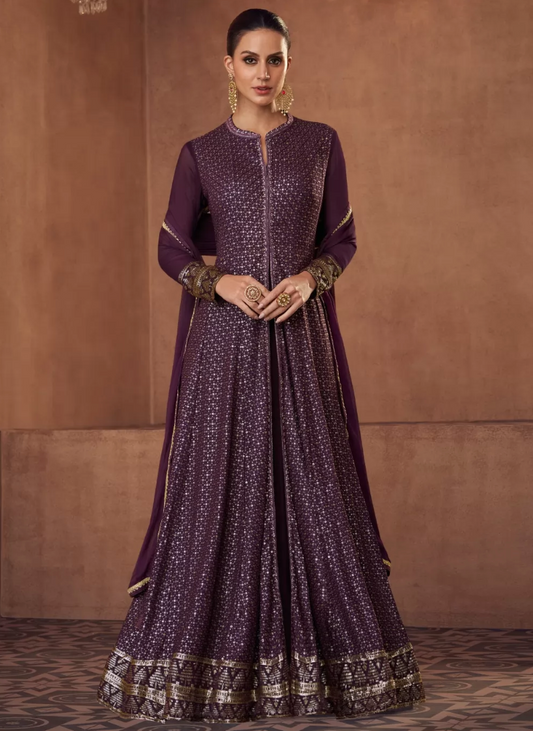 Buy Purple Bridal Anarkali Gown Salwar Suit In Georgette SRF126941