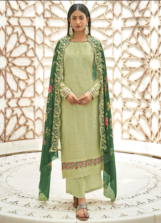 Green Floral Dupatta Palazzo Suit In Georgette SFF129316