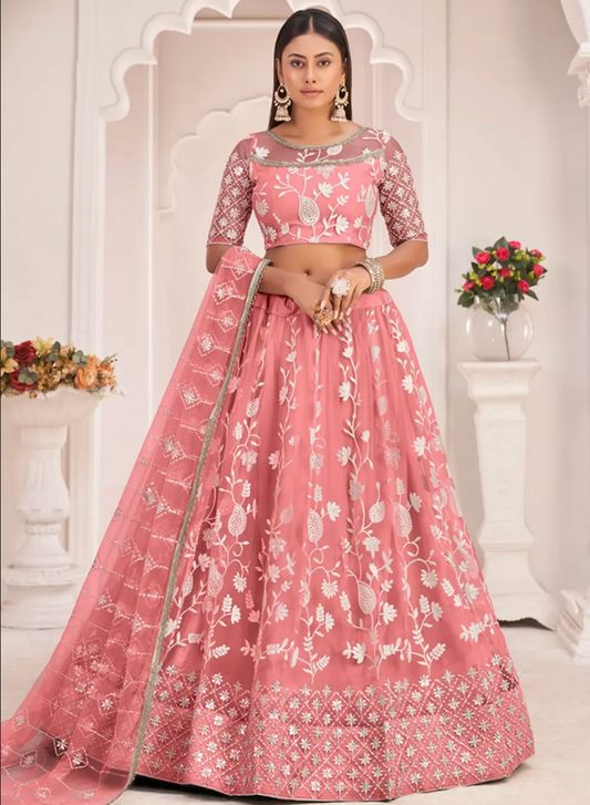 Pink Bridal Indian Pakistani Bridal Lehenga In Net SRFZ129595