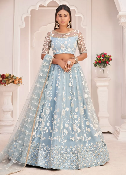 Blue Bridal Indian Pakistani Bridal Lehenga In Net SRFZ129593