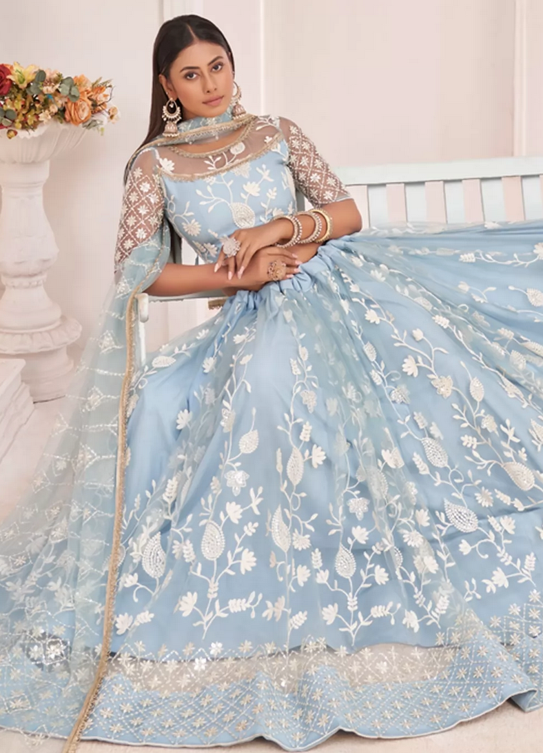 Pakistani Bridal Wear - Pastel Blue Lehenga Blouse – Pink Dupatta