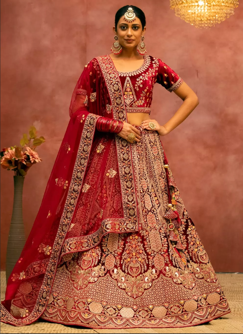 Red Indian Punjabi Pakistani Bridal Lehenga Set In Velvet SRFZ129552