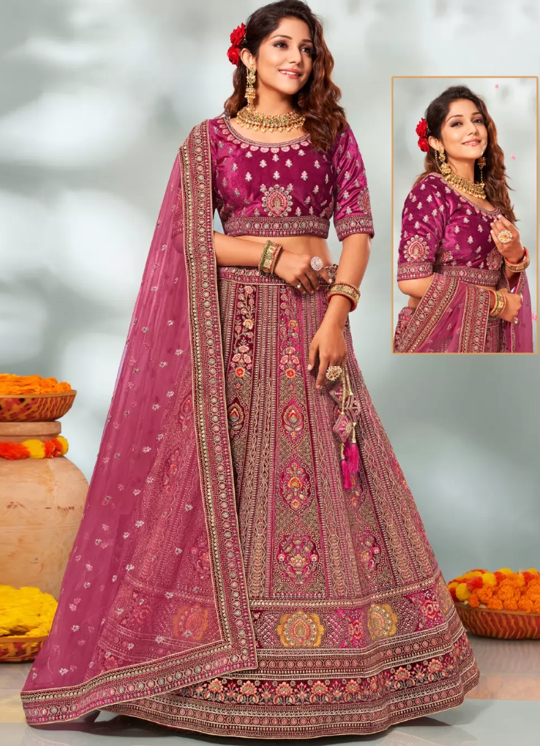 Rani Pink Indian Punjabi Pakistani Bridal Lehenga Set In Velvet SRFZ129556