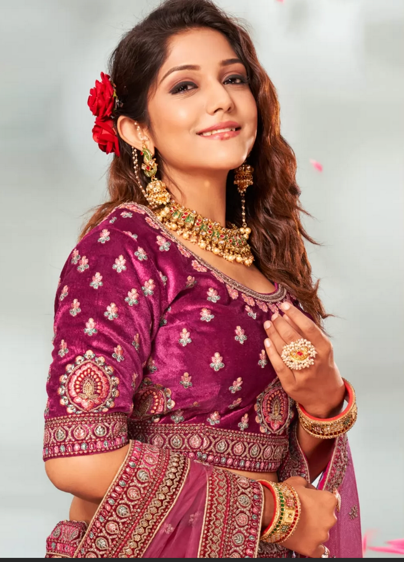 Rani Pink Indian Punjabi Pakistani Bridal Lehenga Set In Velvet SRFZ129556