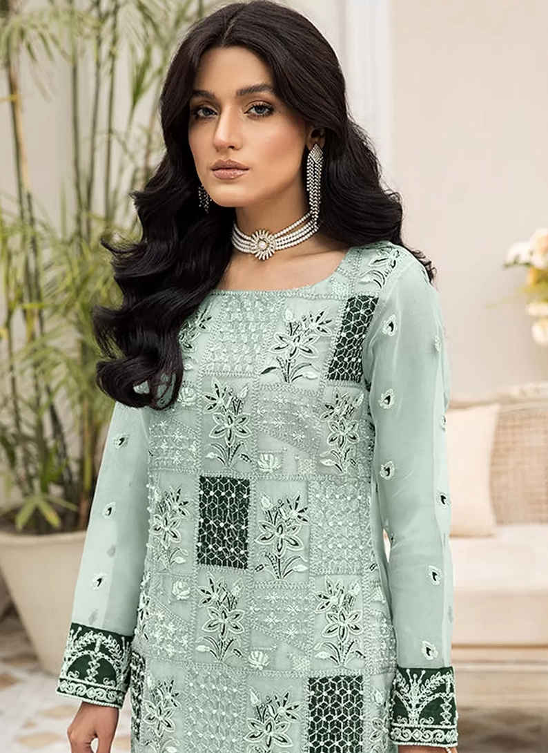 Green Net Indian Pakistani Long Palazzo Suit SF129768