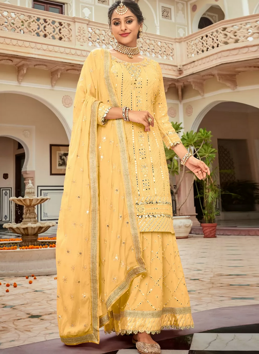Yellow Georgette Indian Pakistani Palazzo Salwar Kameez SFZ129734