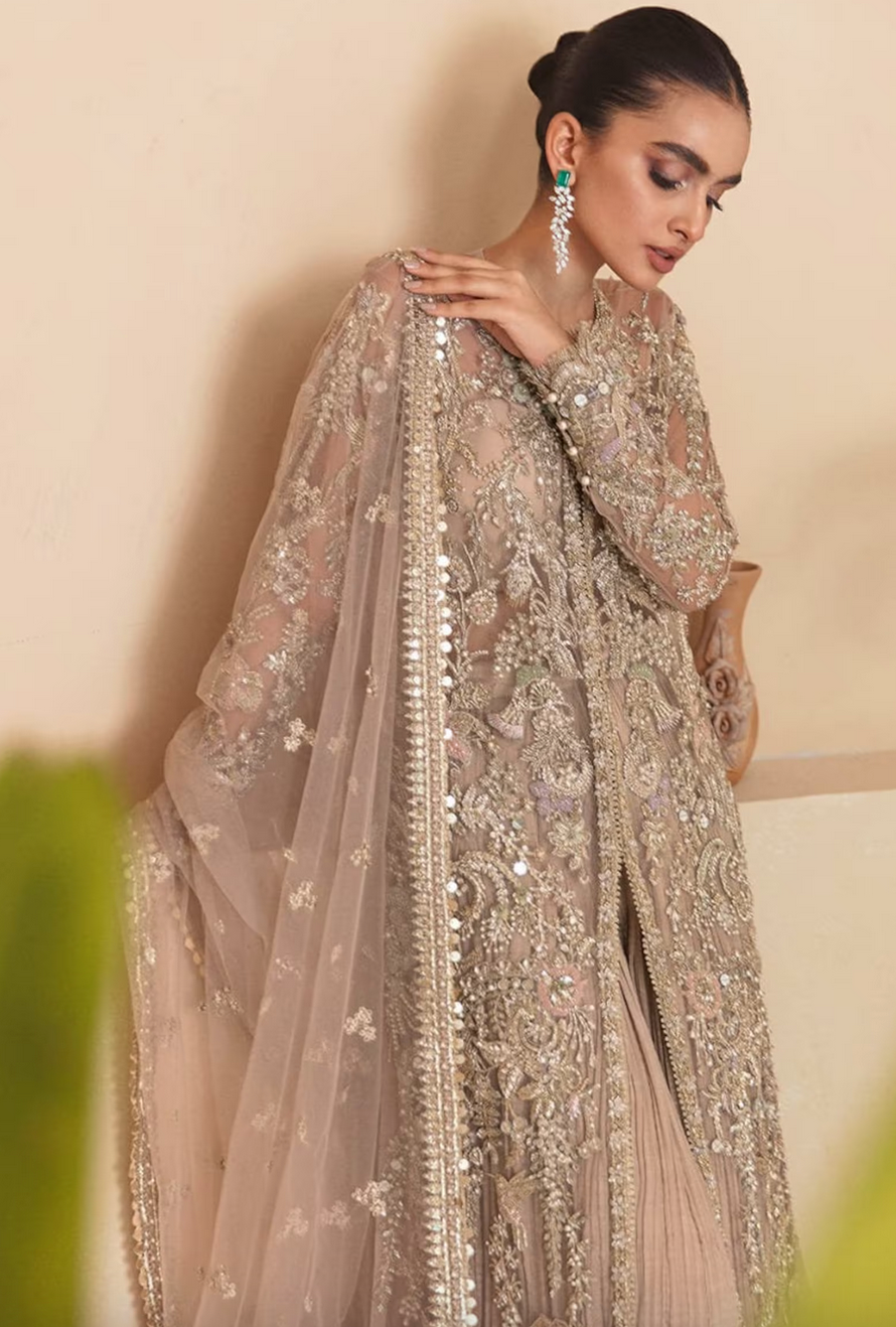 Gold Wedding Net Pakistani Long Gown Anarkali Suit SFES50932