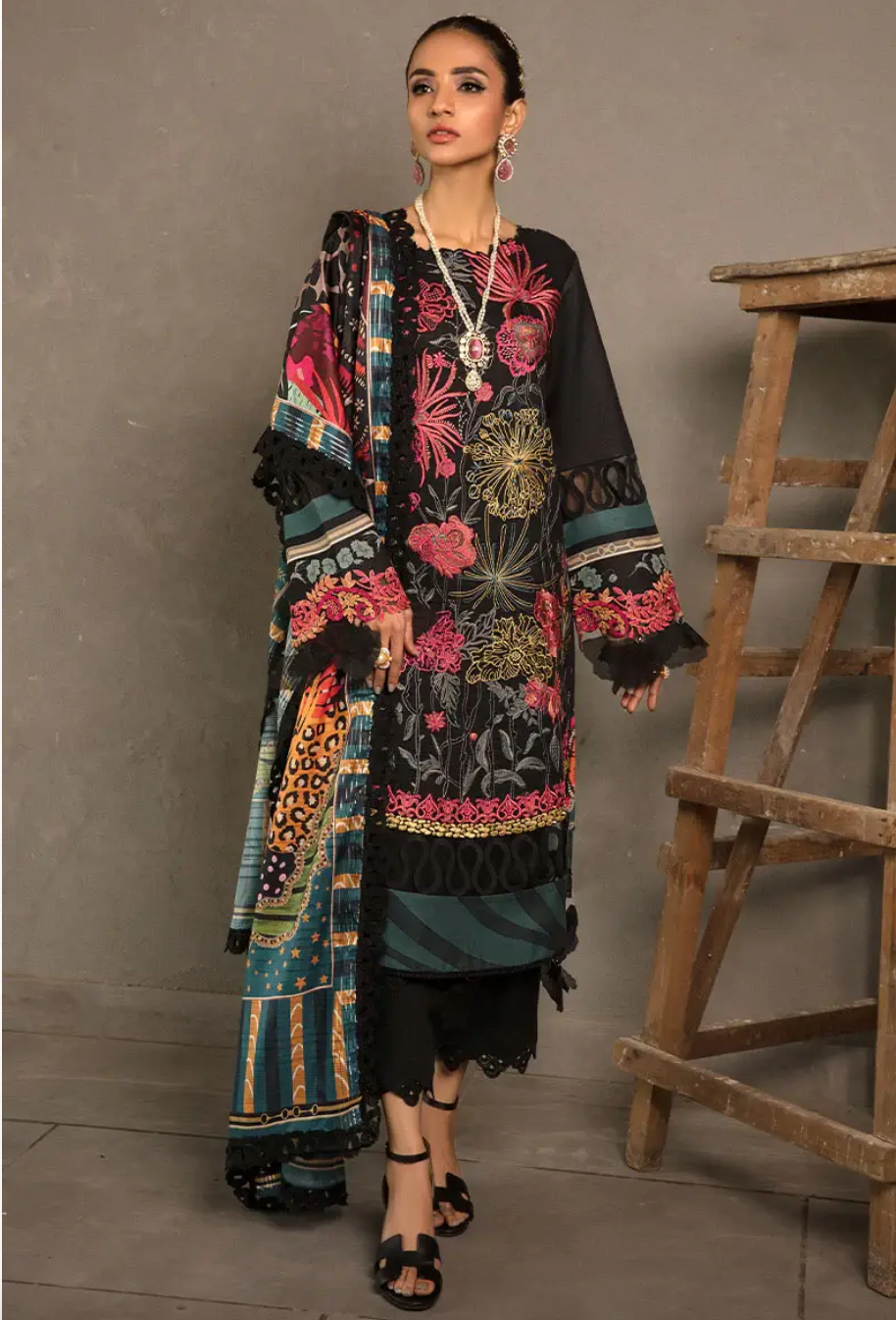 Black Pakistani Rangrasiya | Summer Lawn 2023 | Carnation