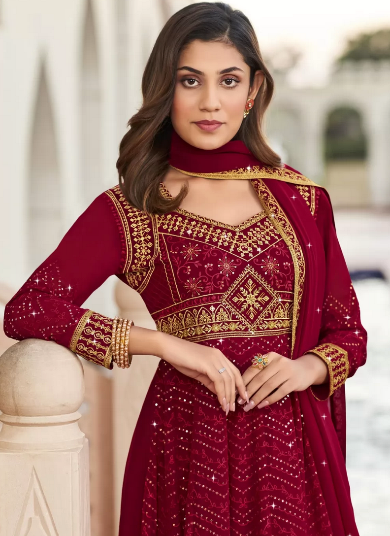 Buy Rose Red Readymade Designer Party Wear Faux Blooming Anarkali Suit | Anarkali  Suits