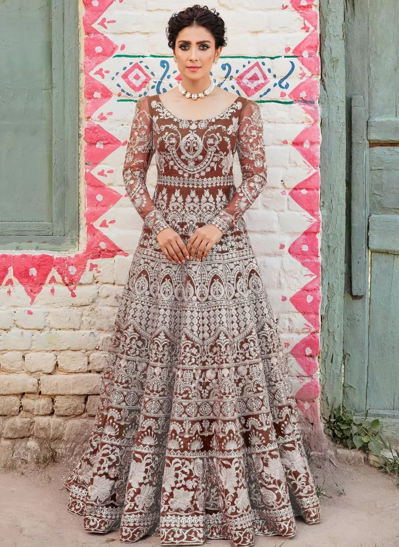 Brown Net Bridal Pakistani Anarkali Suit Gown SFZ130877