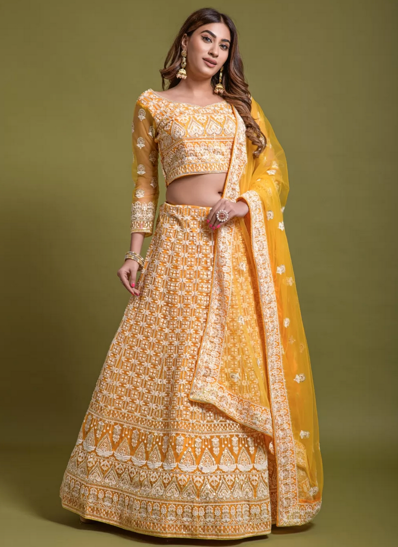 Yellow Indian Partywear Net Lehenga Choli Set SFZ130876