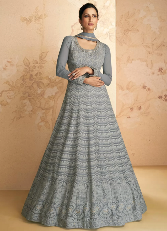 Grey Bridesmaid Anarkali Long Gown In Georgette SFZ132056