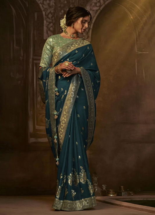 Teal Green Indian Wedding Silk Weaving Classic Saree SFSR271648