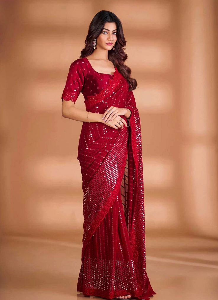 Red Indian Wedding  Georgette Party Saree SFZ142199