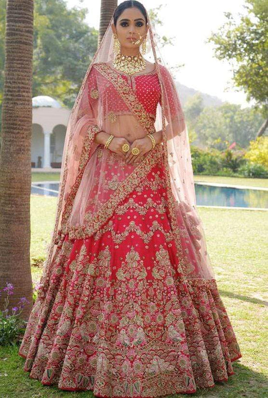 Shop Online Bridal Cherry Red Nylon Satin And Net Fabric Lehenga Choli SFY84 - ShreeFashionWear  