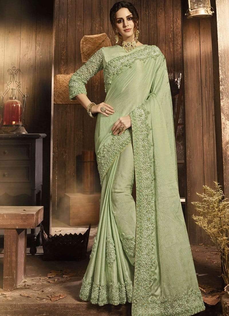 Shop Online Pista Green Colour Satin Silk Fabric Saree SFD3065 - ShreeFashionWear  