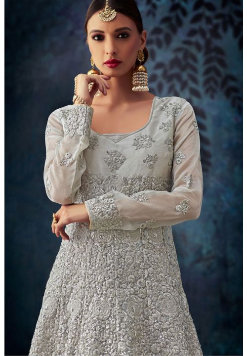 Silver Bridal Organza Silk Anarkali Gown With Stone Work SFHLD1302 - ShreeFashionWear  