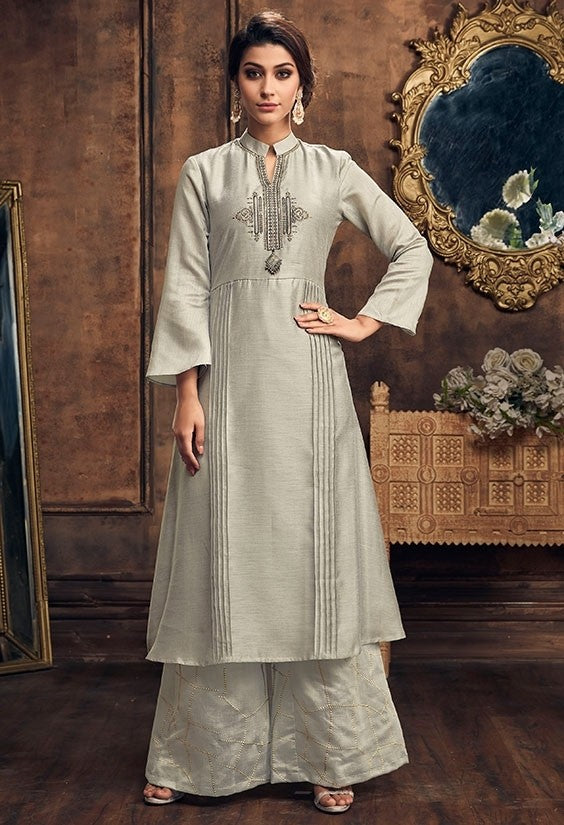 Silver Color Silk Fabric Palazzo Suit SY25426 - ShreeFashionWear  