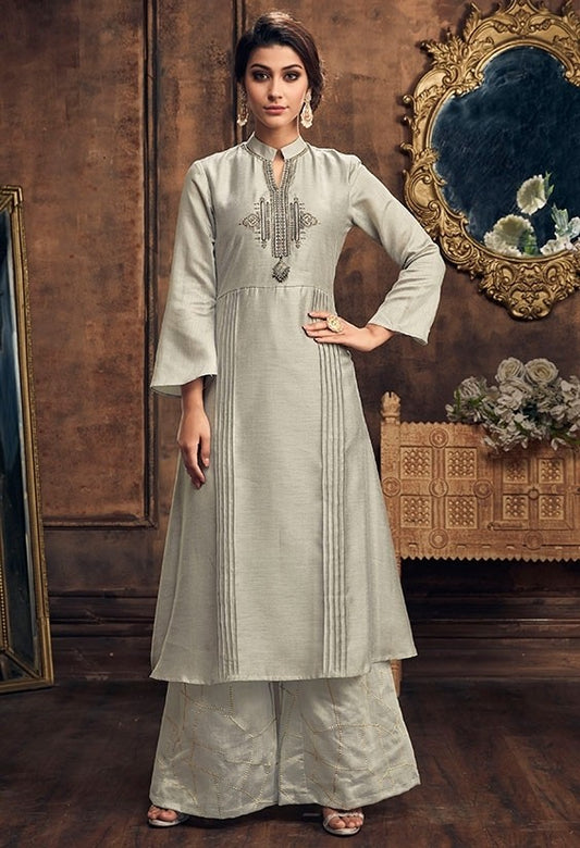 Silver Color Silk Fabric Palazzo Suit SY25426 - ShreeFashionWear  
