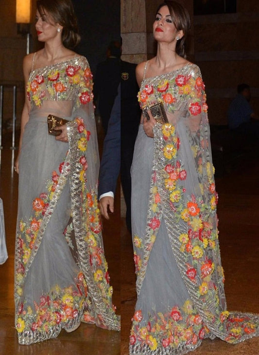 Bollywood Grey Party Saree With Floral Work SF40SAR - ShreeFashionWear  