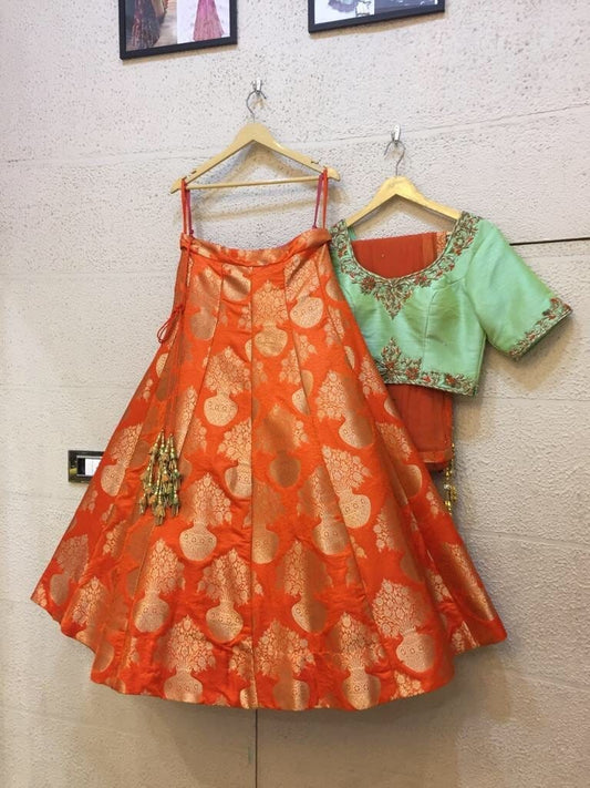 Siya Fashions Fully Stitched Orange Mint Silk Lehenga SFINS204 - ShreeFashionWear  