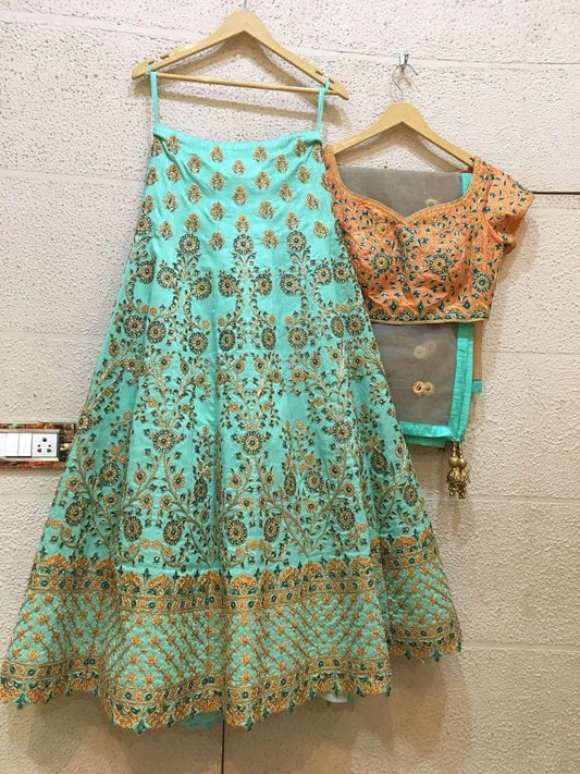 Siya Fashions Fully Stitched Turquoise Lehenga Choli In Silk SFB0023 - ShreeFashionWear  