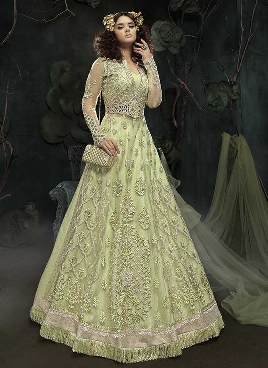 Distinctive Wedding Green Net Anarkali Suit Zari Work SF093 - ShreeFashionWear  