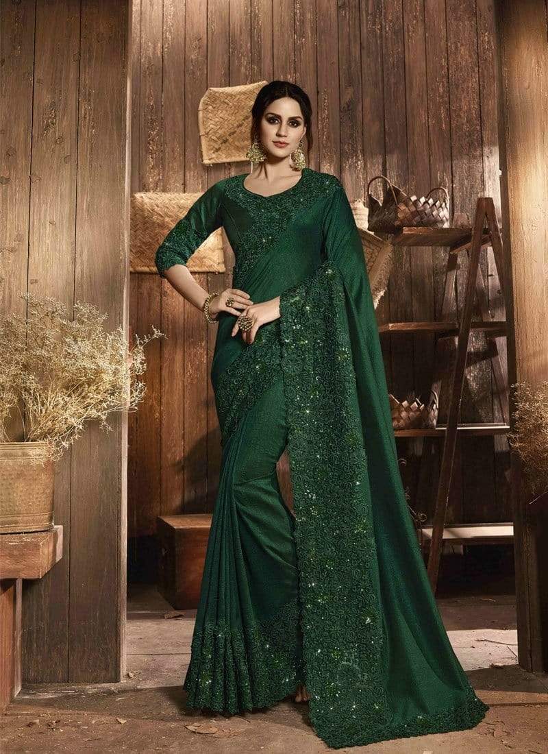 Shop Online Designer Pure Silk Net Dark Green Colour Saree SFSD3014 - ShreeFashionWear  