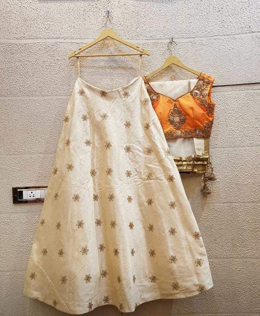 Siya Fashions Silk Ivory Orange Ready Made Lehenga SF8533 - ShreeFashionWear  
