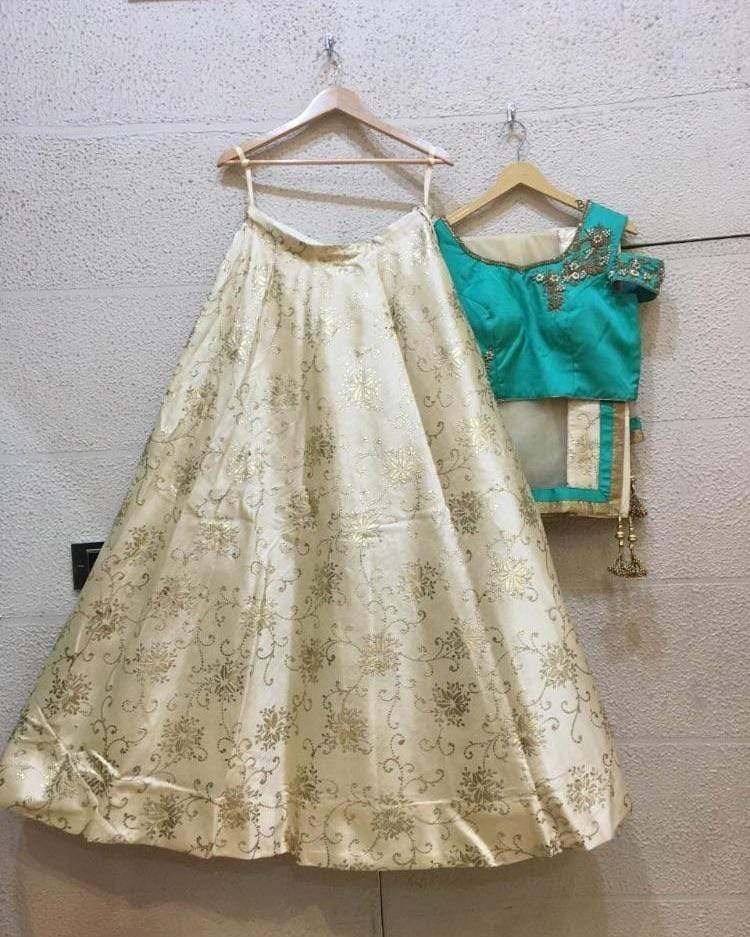 Siya Fashions Silk Ivory Teal Ready Made Lehenga SF8532 - ShreeFashionWear  